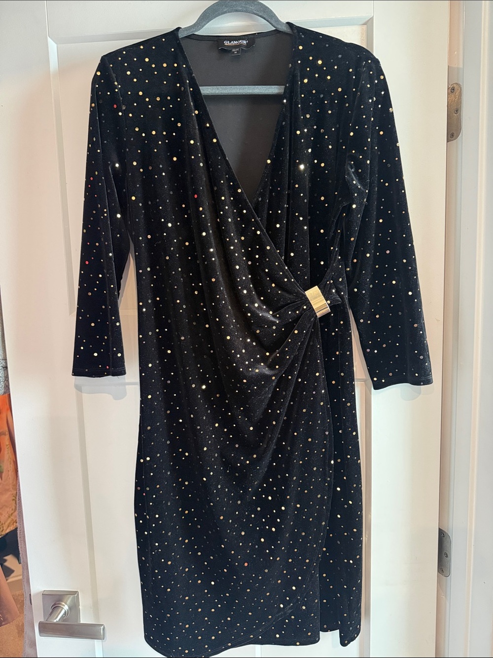 Glamorous Black Velvet Wrap Midi Dress with Gold Studs